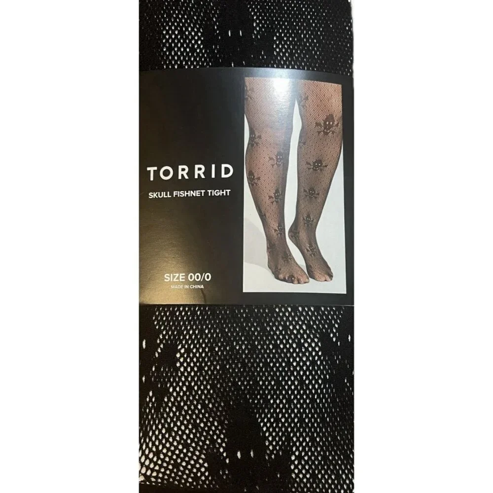 Torrid Med/Large Halloween Black Fishnet Skull Graphic Stretch Tights
